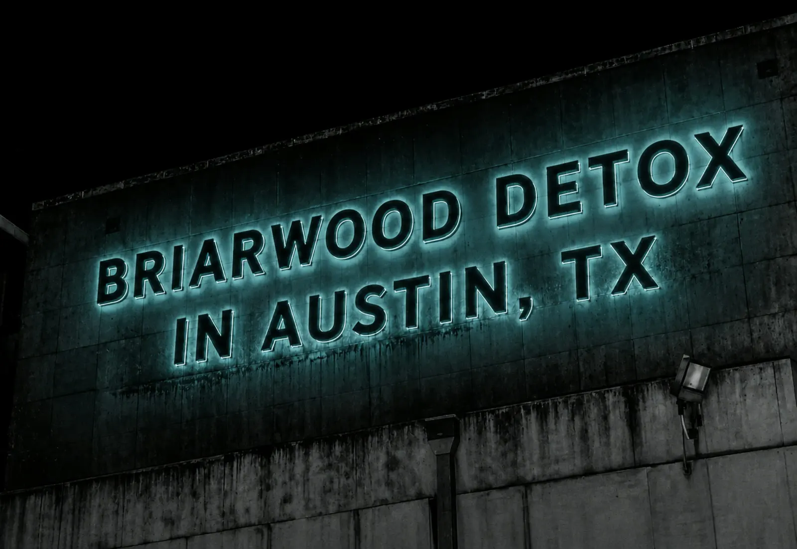 Briarwood Detox Center signage in Austin, Texas, lit at night